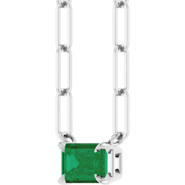 14K White 6x4 mm Lab-Grown Emerald Solitaire 18" Necklace
