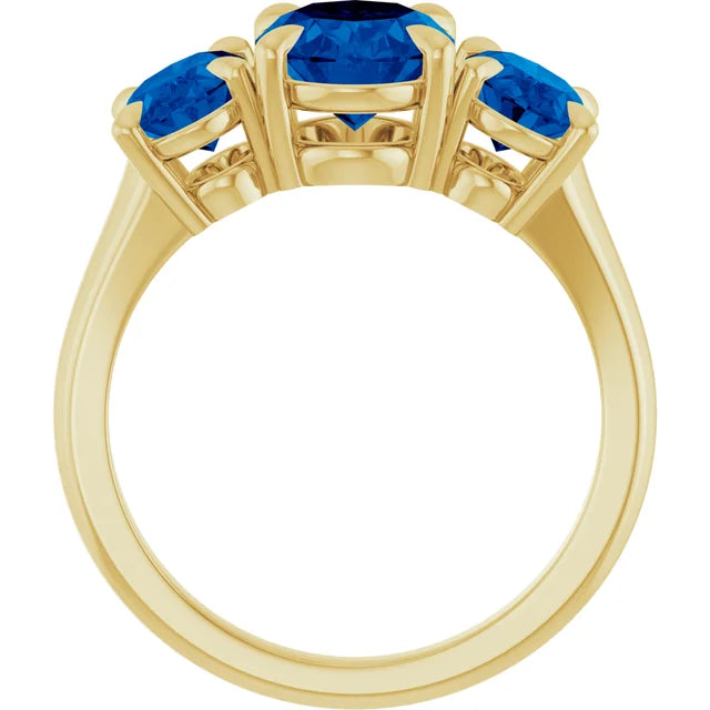 14K Yellow 9x7 mm Oval Lab-Grown Blue Sapphire Three-Stone Ring