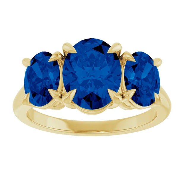14K Yellow 9x7 mm Oval Lab-Grown Blue Sapphire Three-Stone Ring