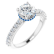 Ladies 14K White Gold Lab Diamond Engagement Ring With Sapphire Accent Stones 1ct Center Stone VS Clarity, F Color