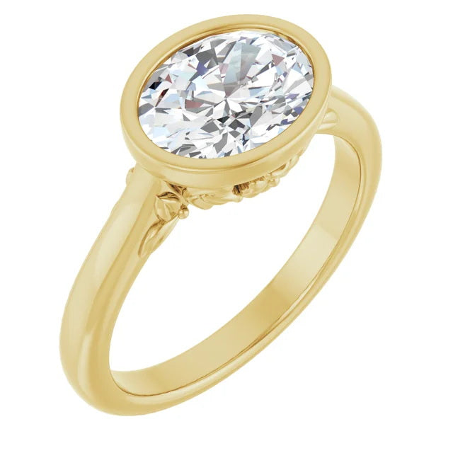 14K Yellow 9x7 mm Oval Solitaire Engagement Ring With Lab Diamonds. 1.5ct Center Stone. VS Clarity, F Color