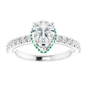 14K White Gold Lab Diamond Engagement Ring With 1ct Pear Shape Center Stone VS Clarity, F Color  Natural Emerald Accent Stones
