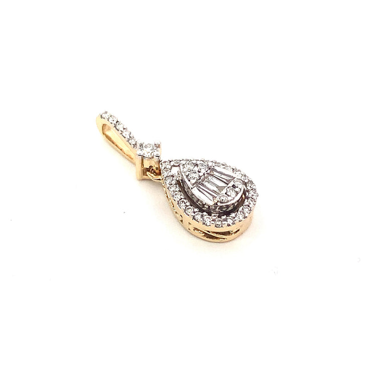 Ladies 14K Yellow Gold Tear Drop Pendant with Natural Diamonds and Baquettes