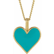 14K Yellow Gold Light Turquoise Enamel Heart 18" Necklace