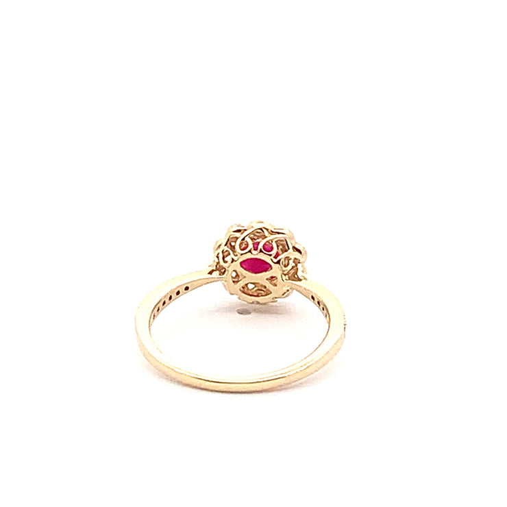Ladies 14K Yellow Gold Flower Fashion Ring with Natural Round Diamonds and Center Ruby.