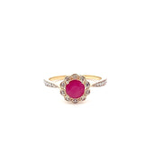 Ladies 14K Yellow Gold Flower Fashion Ring with Natural Round Diamonds and Center Ruby.