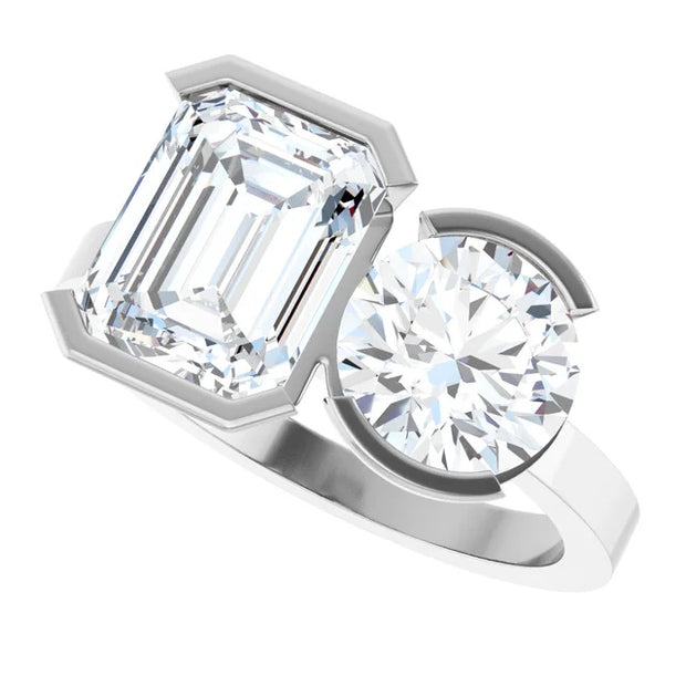 Ladies 14K White Gold Engagement Ring With Lab Diamonds. 4CTW Round/Emerald Cut Center Stone. VS Clarity, F Color