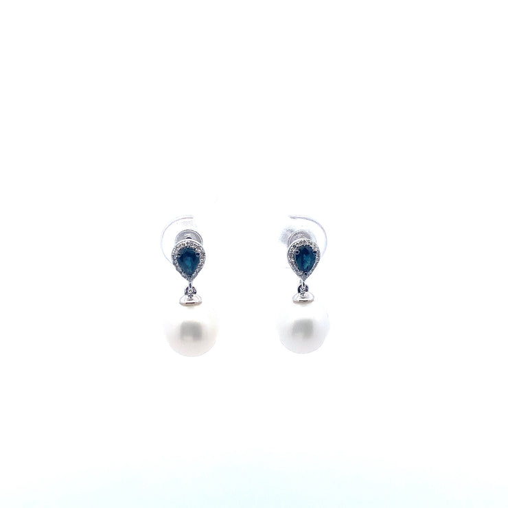 Ladies 14K White Gold Pearl (7.48) Sahpphire (.43) and Natural Diamond (.07) Earrings.