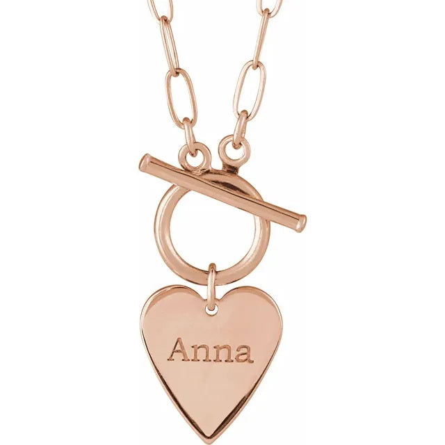 14K Rose Gold Engravable Heart Toggle 18" Necklace