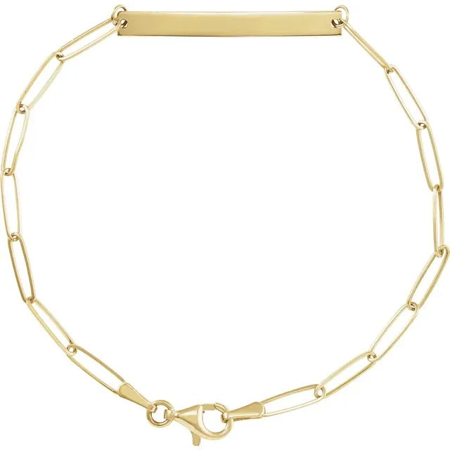 14K Engravable Paperclip Bar 7" Bracelet