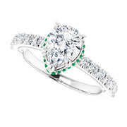 14K White Gold Lab Diamond Engagement Ring With 1ct Pear Shape Center Stone VS Clarity, F Color  Natural Emerald Accent Stones