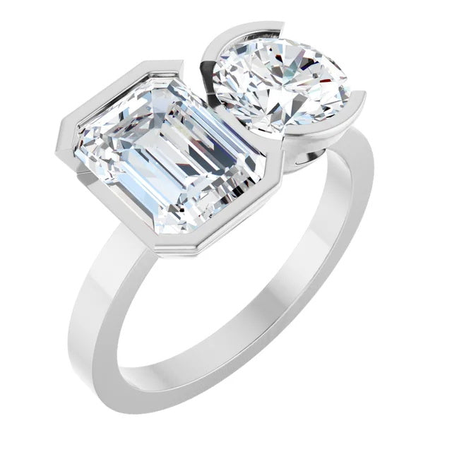 Ladies 14K White Gold Engagement Ring With Lab Diamonds. 4CTW Round/Emerald Cut Center Stone. VS Clarity, F Color