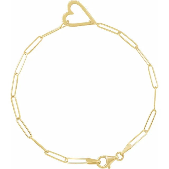 14K Yellow Heart & Paperclip-Style Chain 7" Bracelet
